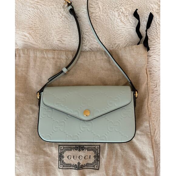 NWOT Authentic Gucci Green Calfskin Leather GG Super Mini crossbody purse  $1500 - Picture 1 of 16